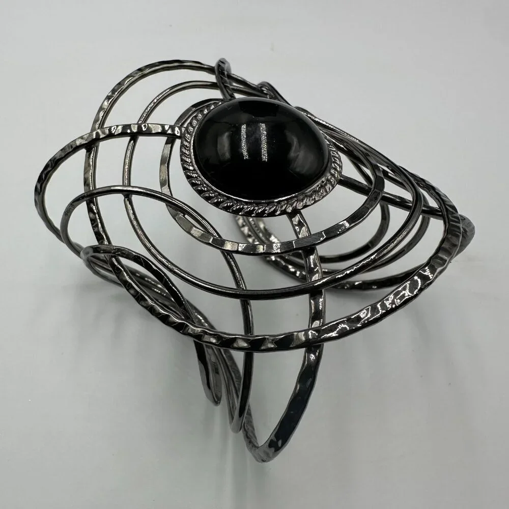 3/$30 Black Acrylic Cabochon Cuff Bracelet Hammered Wire Sculptural Statement